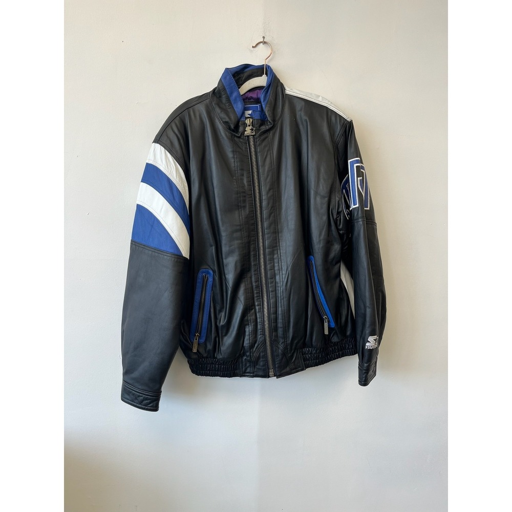 Vintage Starter Jacket Mens Large Black Blue White Leather Bomber Spell Out 90s